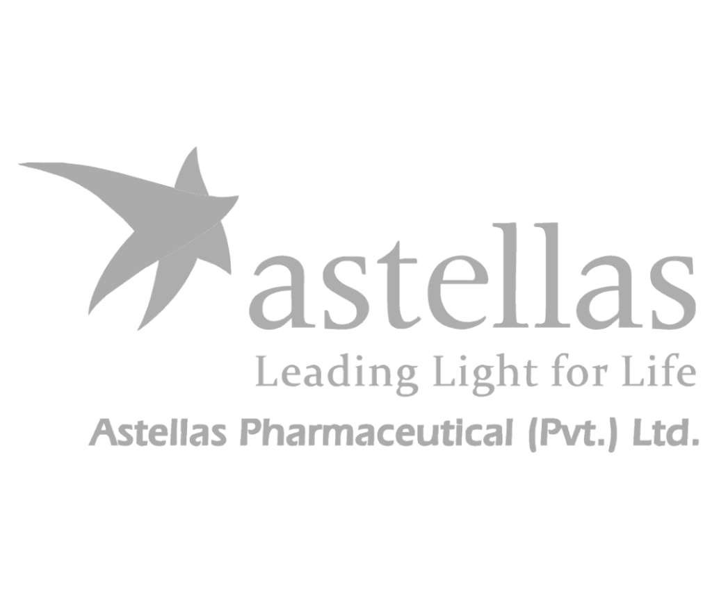 Logo of Astellas Pharma, featuring a star design and the slogan "leading light for life," emphasizing leadership training.