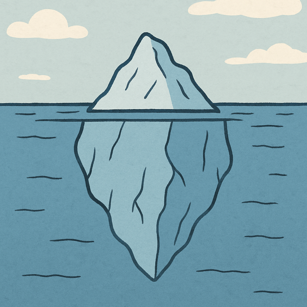 A simple illustration of a large iceberg in the ocean where only a small peak is visible above the waterline.