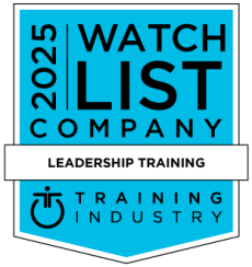 A blue badge displays "2025 Watch List Company, Leadership Training, Training Industry" in black and white text.