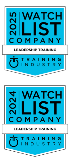 Two blue badges read "2025 Watch List Company" and "2024 Watch List Company" with "Leadership Training" and "Training Industry" logos on each.